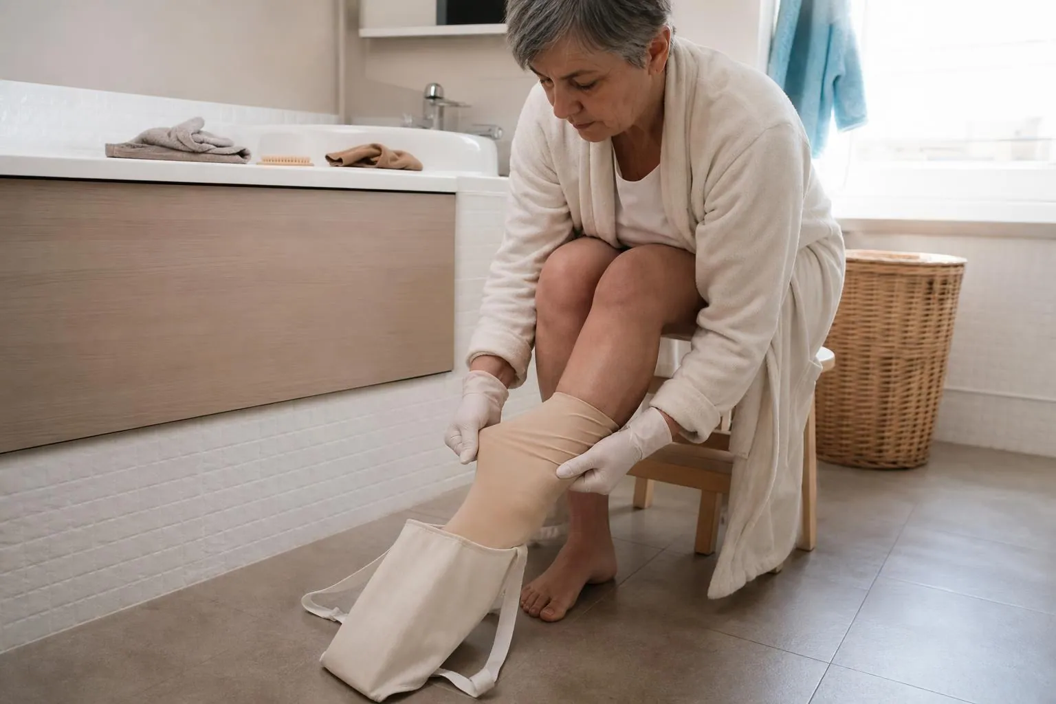 Femme d’une cinquantaine d’années assise sur un tabouret de salle de bains, gants aux mains, enfilant un bas de compression beige à l’aide d’un enfile bas