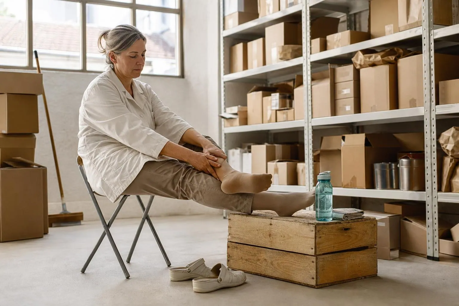 Femme d’une cinquantaine d’années en blouse de travail assise sur un tabouret dans une réserve claire, jambes surélevées sur une caisse pendant sa pause
