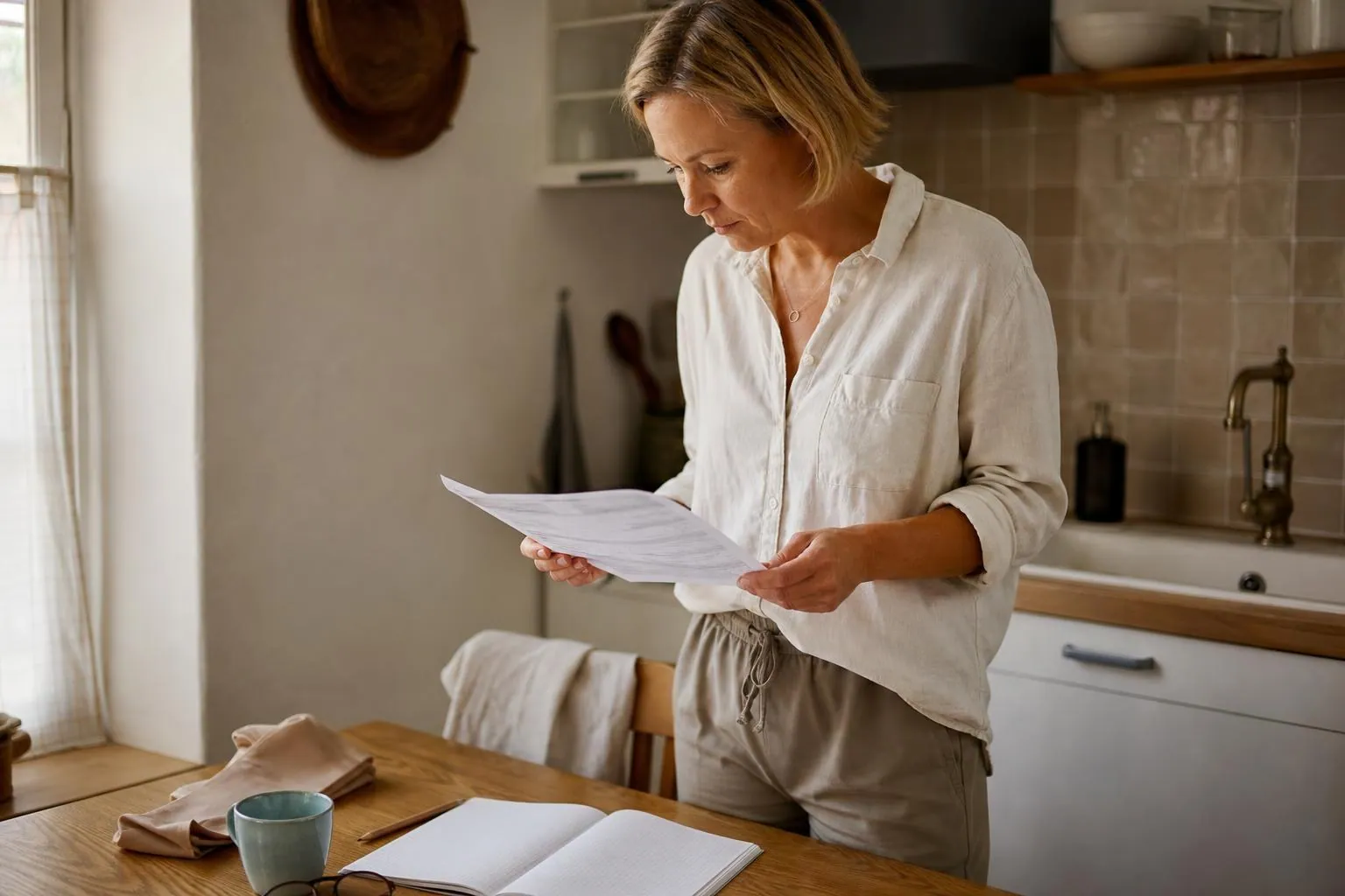 Femme d’environ quarante sept ans debout à la table de sa cuisine, relisant une feuille imprimée de relevés à côté d’un carnet quadrillé