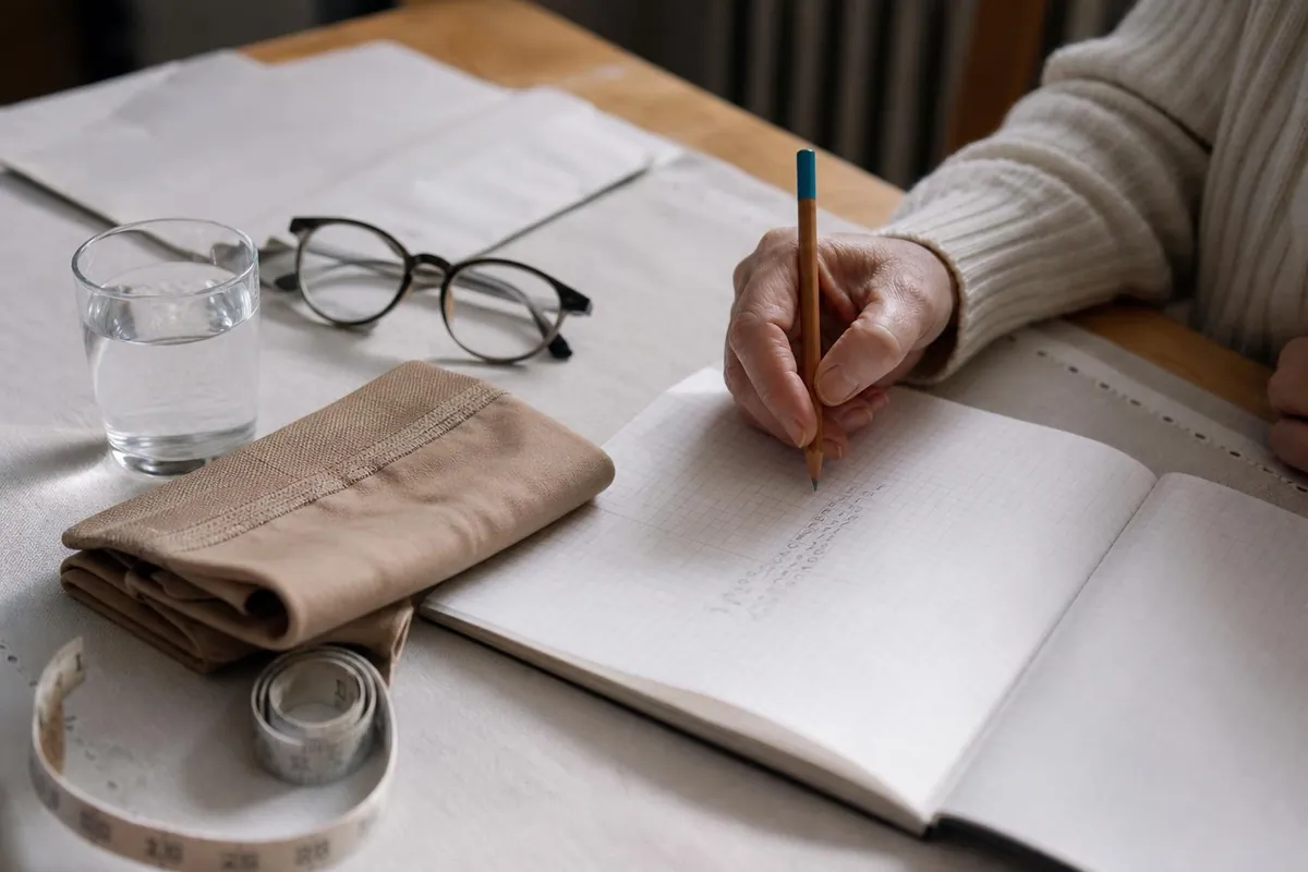 Gros plan sur un carnet quadrillé annoté au crayon par une main de femme, à côté d’un bas de compression beige replié et d’un mètre ruban de couturière